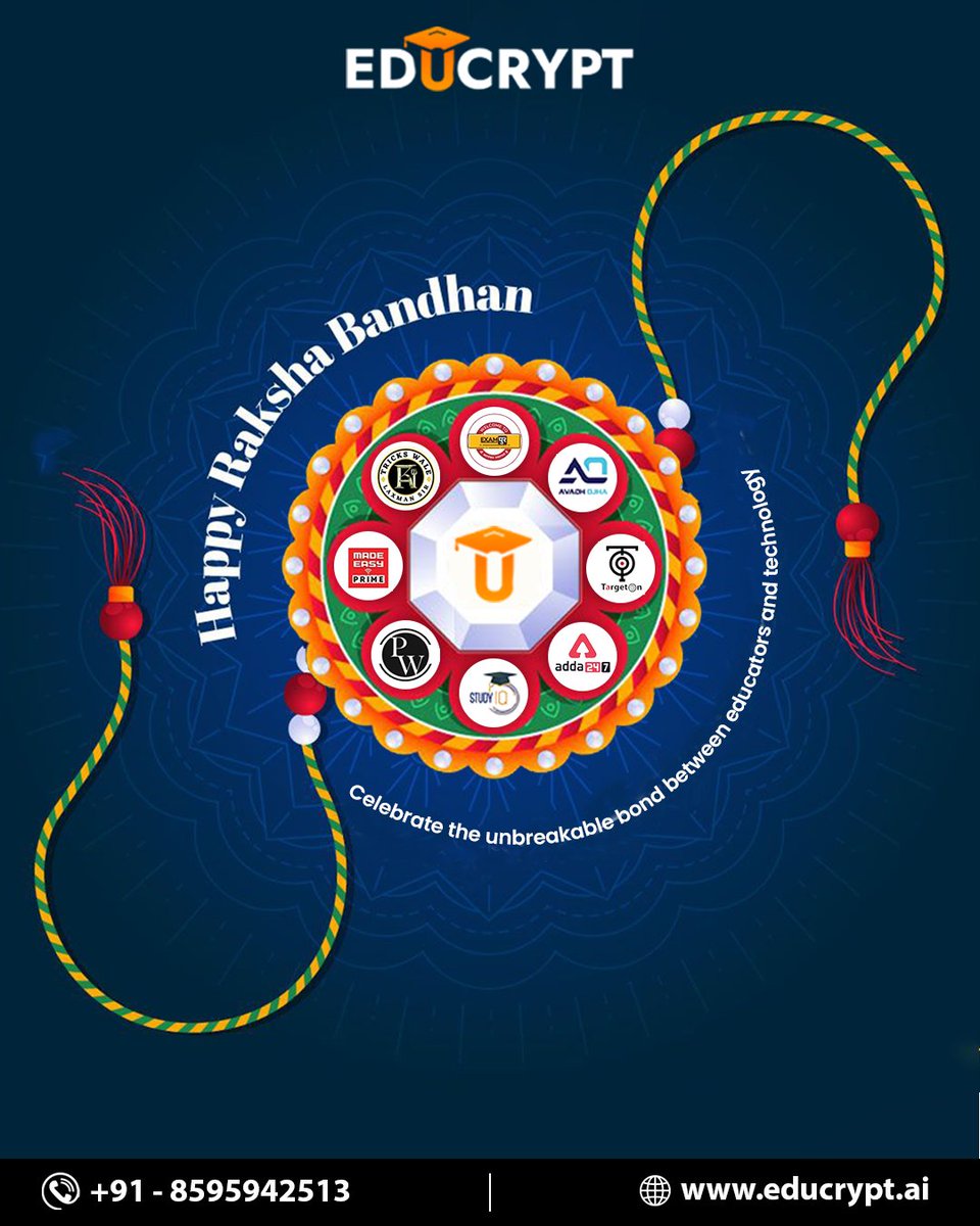 educrypt_ai's tweet image. This Raksha Bandhan, let’s celebrate the power of support - in relationships and in learning.
Wishing you a joyful and meaningful celebration.

#Educrypt #RakshaBandhan2025  #CelebrateSupport #PowerOfRelationships #LearningTogether #JoyfulCelebration #SiblingBond