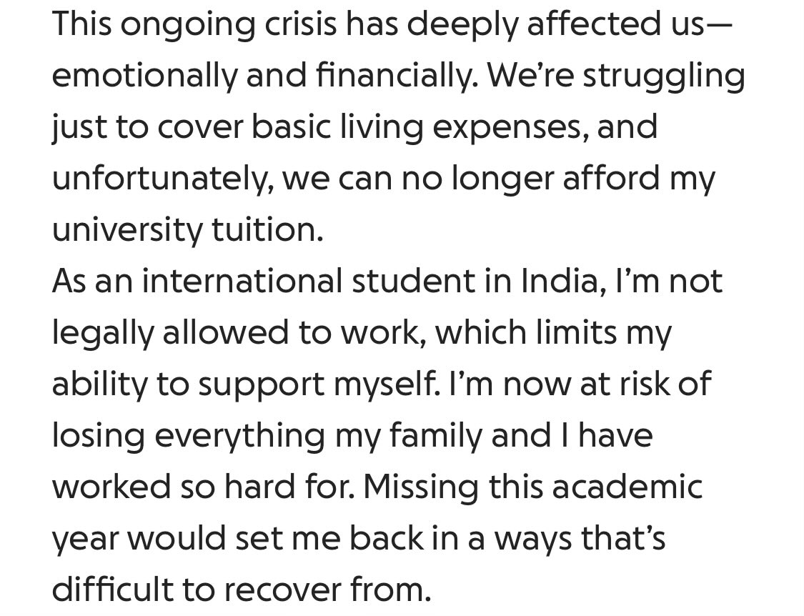 Aseel is a Sudanese student in India who needs help with tuition.

So many Sudani students, particularly intl students, have been left stranded by the war, their futures uncertain. Pls click to read about her, &amp; if you can, contribute! 

gofund.me/0b5fd719

#KeepEyesOnSudan