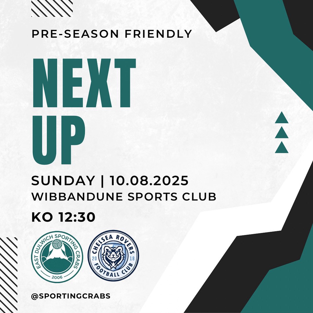 First summer friendly on Sunday as we take on <a href="/chelsearoversfc/">Chelsea Rovers Football Club</a> ⚽️

📍 Wibbandune Sports Ground
(Opposite) 199-213 Robin Hood Way
A3 Southbound
West Wimbledon
London
SW20 3AA

Football is officially back.

@southernsundaylg
#UTC🦀