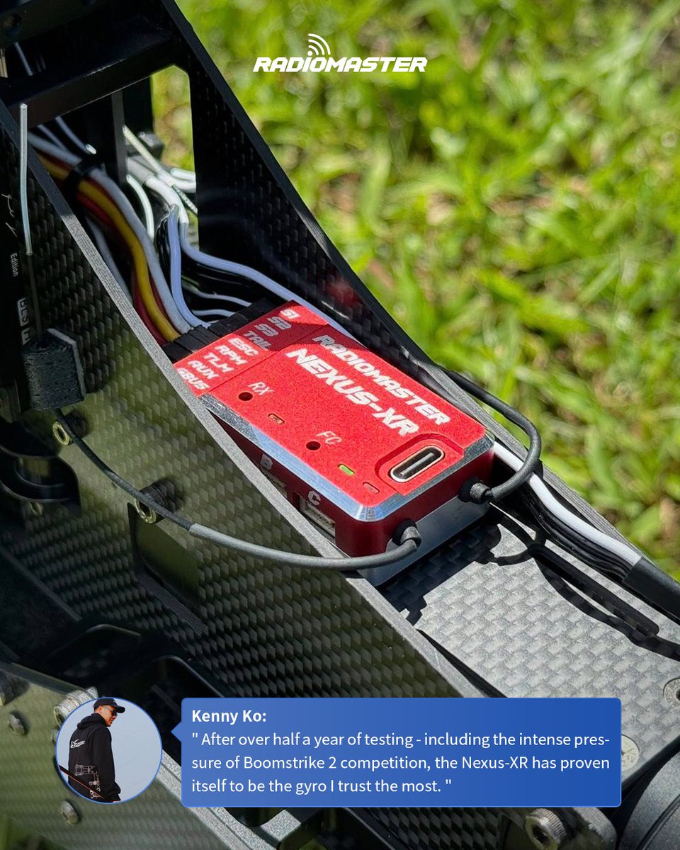 🎙️“ After over half a year of testing—even through Boomstrike 2—the Nexus-XR is the gyro I trust the most.” – Kenny Ko 
📸: @ Kenny Ko 
🎮: Nexus-XR 
#RMTeamPilotsSayItBest #radiomasterNexusX #radiomasterNexusXR #radiomaster #helicopter #rchelicopter #pilot #3dpilot #rcheli #rc