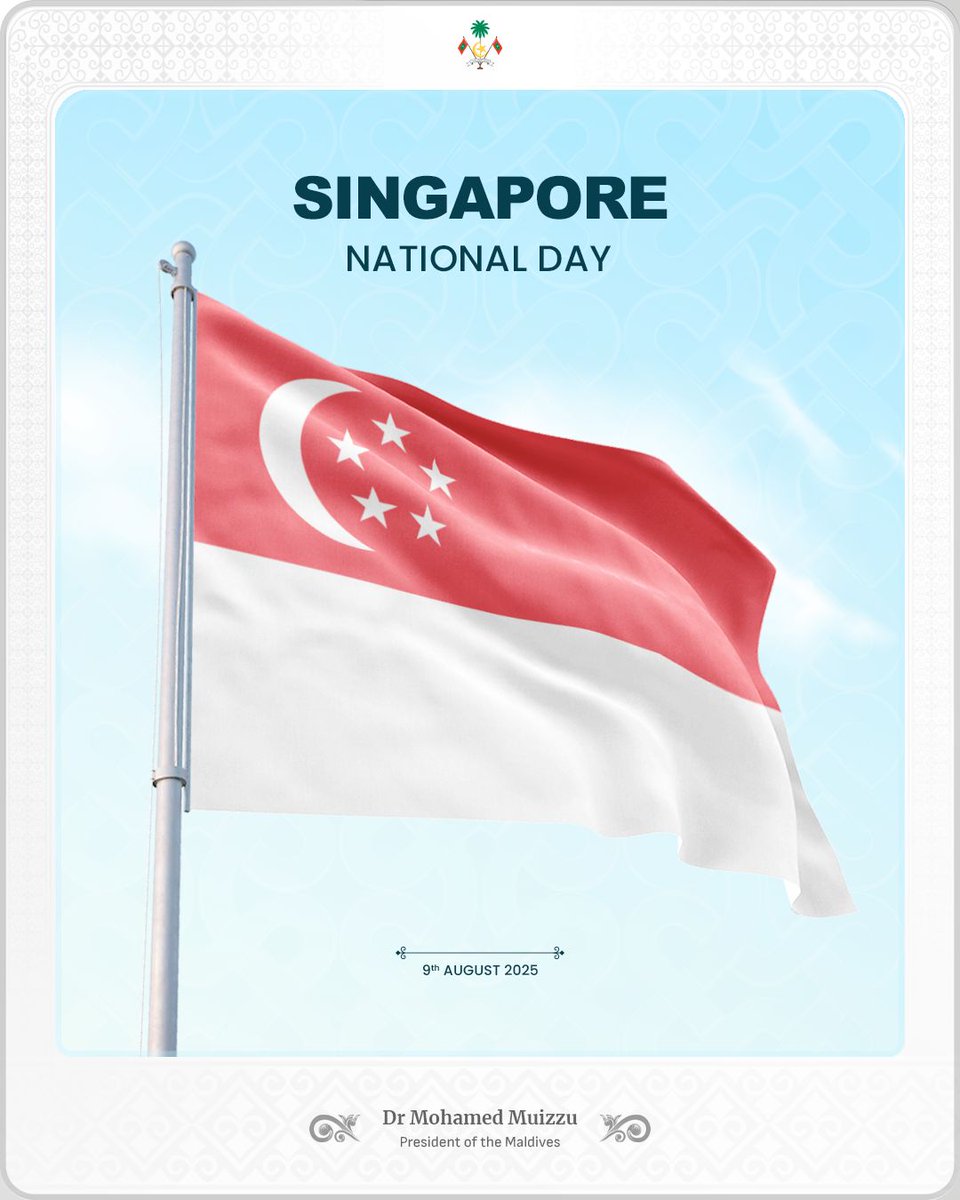Dr Mohamed Muizzu (@mmuizzu) on Twitter photo On Singapore’s National Day, I wish to convey my warmest greetings and good wishes to HE President @Tharman_s, HE Prime Minister <a href="/LawrenceWongST/">Lawrence Wong</a>, the Government and the friendly people of Singapore. May Singapore continue to move forward as a whole, and may peace and prosperity On Singapore’s National Day, I wish to convey my warmest greetings and good wishes to HE President @Tharman_s, HE Prime Minister <a href="/LawrenceWongST/">Lawrence Wong</a>, the Government and the friendly people of Singapore. May Singapore continue to move forward as a whole, and may peace and prosperity