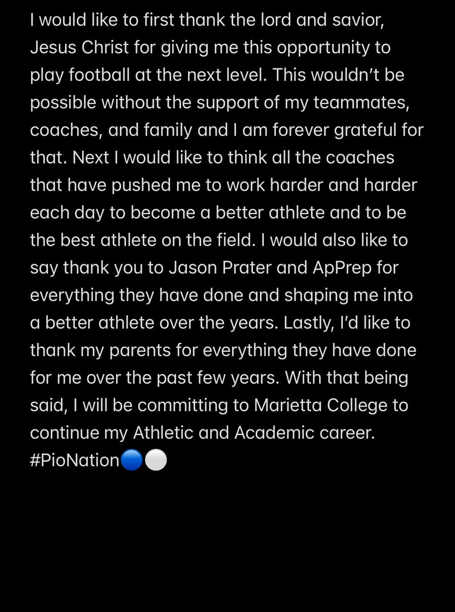 Benjamin Bower (@benjaminabower) on Twitter photo COMMITTED… Excited for the next chapter!!
<a href="/Marietta_FB/">Marietta College Football</a> <a href="/CoachTomKaufman/">Tom Kaufman 🇺🇸</a> <a href="/CoachHughes22/">Colin Hughes</a> <a href="/CoachTomlison/">Scott Tomlison</a> <a href="/YourCoachFerg/">Evan Ferguson</a> <a href="/dstewart_6/">Daniel Stewart</a> <a href="/Coach_Tank78/">Frank Mullen</a> <a href="/apPrep/">apPrep HQ</a> COMMITTED… Excited for the next chapter!!
<a href="/Marietta_FB/">Marietta College Football</a> <a href="/CoachTomKaufman/">Tom Kaufman 🇺🇸</a> <a href="/CoachHughes22/">Colin Hughes</a> <a href="/CoachTomlison/">Scott Tomlison</a> <a href="/YourCoachFerg/">Evan Ferguson</a> <a href="/dstewart_6/">Daniel Stewart</a> <a href="/Coach_Tank78/">Frank Mullen</a> <a href="/apPrep/">apPrep HQ</a>