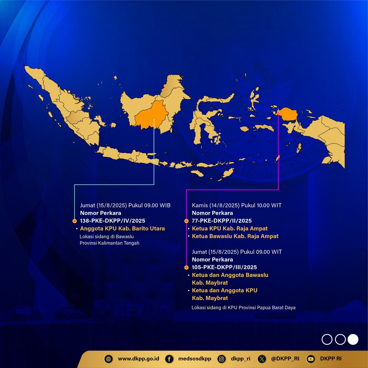 Halo, #SobatEtika

Jadwal Sidang pemeriksaan dugaan pelanggaran Kode Etik Penyelenggaraan Pemilu (KEPP) yang dilakukan pada 11 - 15 Agustus 2025.

Sidang ini dapat dilihat di akun Youtube DKPP.

#DKPPRI
#SidangKEPP
#KenaliDKPP