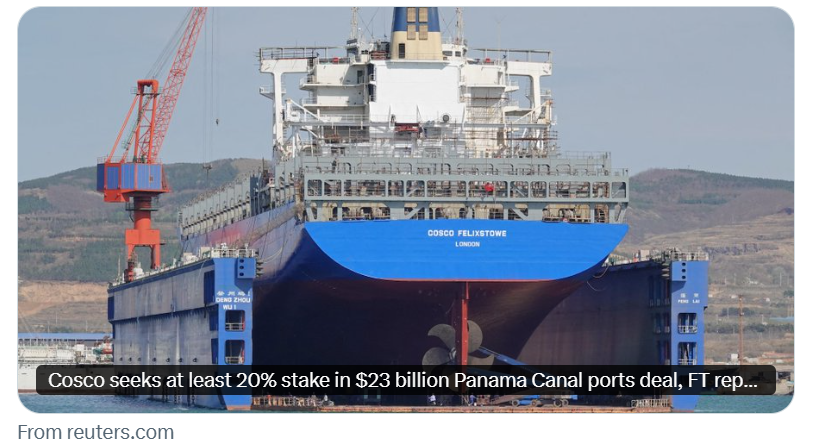 中国国有航运巨头中远海运（COSCO）正寻求在涉及巴拿马运河关键资产的230亿美元港口交易中获得20%至30%的股权，此举正值北京方面推动修订美国总统特朗普曾赞誉的交易条款之际。消息人士称，在黑石集团（BlackRock）与地中海航运公司（MSC）的独家谈判窗口已过期后，中远海运要求获得较大股权份额。