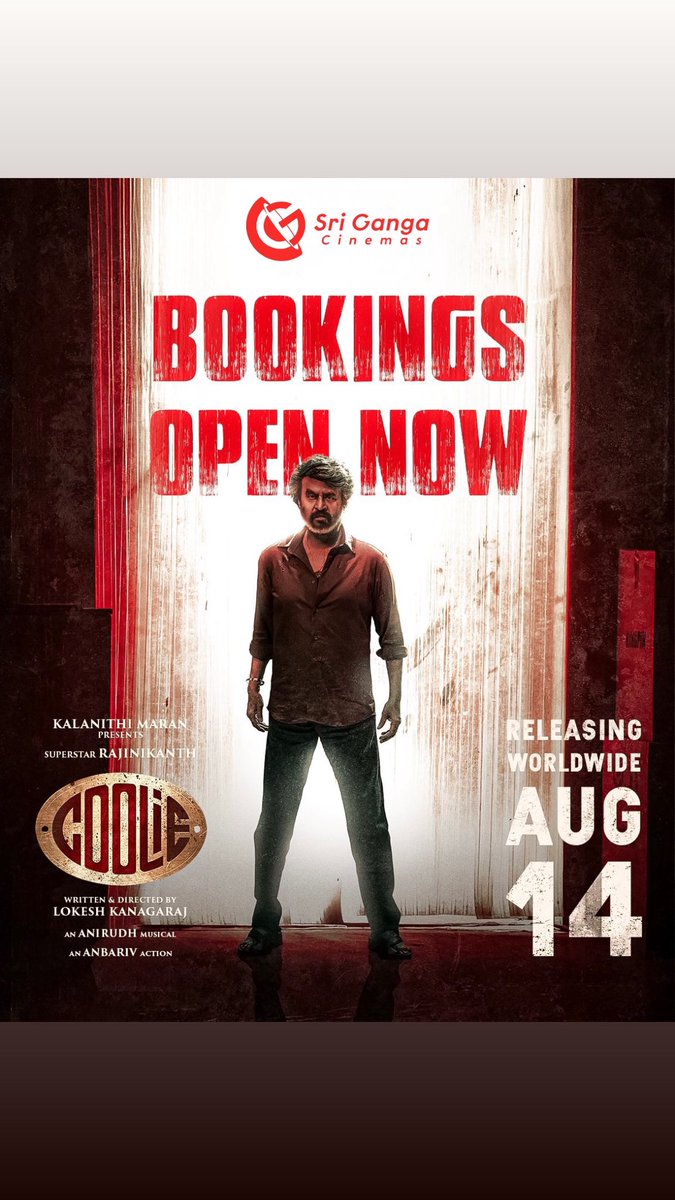 Sound-ah yethu 🔊Deva  #Coolie Bookings Open Now!🍿💥 
#Coolie releasing worldwide August 14th 
<a href="/Srigangacinemas/">Sri Ganga Cinemas Barco RGB LASER DOLBY ATMOS</a> counter tickets will open today 
<a href="/rajinikanth/">Rajinikanth</a> <a href="/Dir_Lokesh/">Lokesh Kanagaraj</a> <a href="/anirudhofficial/">Anirudh Ravichander</a> #AamirKhan <a href="/iamnagarjuna/">Nagarjuna Akkineni</a> <a href="/nimmaupendra/">Upendra</a> #SathyaRaj #SoubinShahir <a href="/shrutihaasan/">shruti haasan</a> <a href="/hegdepooja/">Pooja Hegde</a>