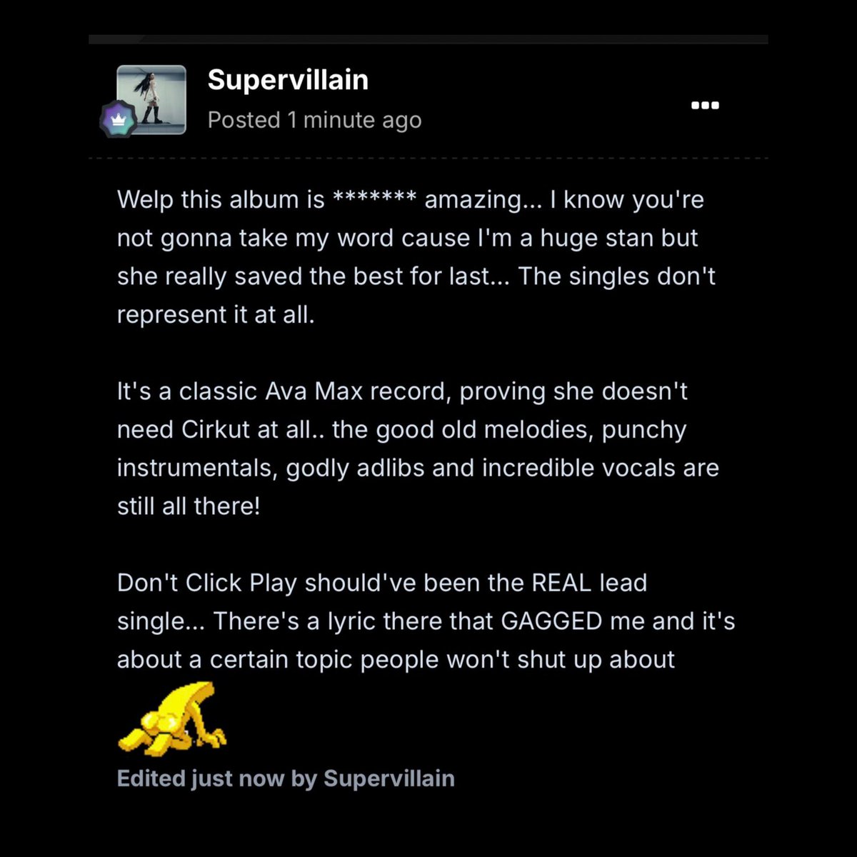 According to a trusted ATRL insider, "Don't Click Play" is « amazing », the singles « [not representing] it at all ».

« There's a lyric [in the title track] that gagged me and it's about a certain topic people won't shut up about ».