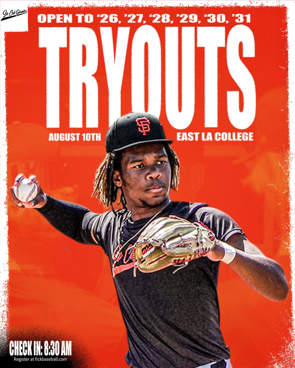 SoCal Giants FALL Tryouts(SUNDAYS in Sept/Oct for HS players)

@ EAST LA COLLEGE 

Sunday August 10th(2026-2031)

Check-in @ 8:30AM(position players)
Pitcher only Check-in @ 11:30AM

NO SATURDAY. SUNDAY ONLY.

Register at fickbaseball.com