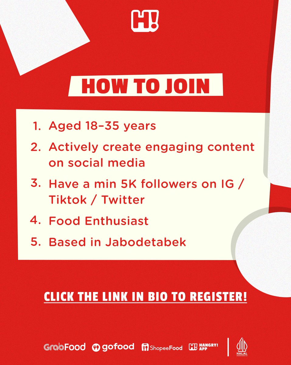 Calling all Food Enthusiast🎉

Yuk ikutan Hangry Brand Ambassador untuk dapetin FREE food dan benefit menarik lainnya👇

Daftar sebelum tanggal 10 Agustus! klik link ini yaa 

docs.google.com/forms/d/e/1FAI… 

#HangryIndonesia #FoodbyHangry #BrandAmbassador #Gathering #OfflineActivity