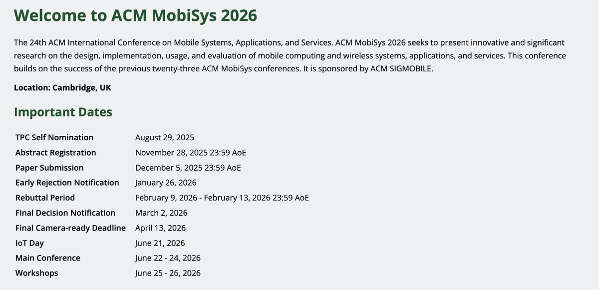 ACM MobiSys (@acmmobisys) on Twitter photo We are excited to share that the ACM MobiSys 2026 Call for Papers (CFP) is out!
Paper registration deadline: Nov. 28, 2025
Paper submission deadline: Dec. 5, 2025
Call for Papers: lnkd.in/grbWcZug
Location: Cambridge, UK
<a href="/ACMSIGMOBILE/">ACM SIGMOBILE</a> We are excited to share that the ACM MobiSys 2026 Call for Papers (CFP) is out!
Paper registration deadline: Nov. 28, 2025
Paper submission deadline: Dec. 5, 2025
Call for Papers: lnkd.in/grbWcZug
Location: Cambridge, UK
<a href="/ACMSIGMOBILE/">ACM SIGMOBILE</a>