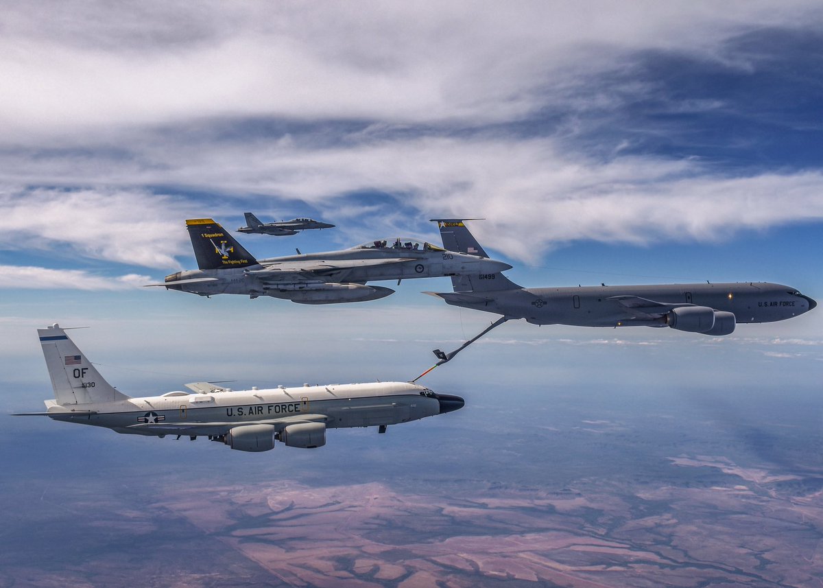 kadonkey's tweet photo. An RAAF 1SQ Super Hornet and EA-18G gough growler with a Hawaii ANG KC-135R and a USAF RIVET JOINT (sgt David Gibbs) https://t.co/uff5AnSEpT