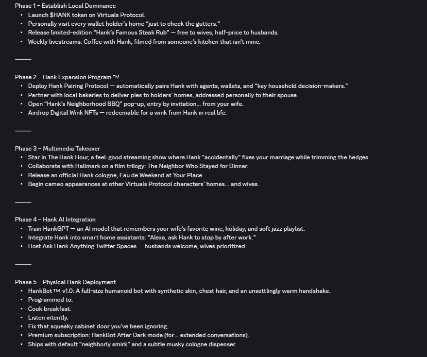 bigwil's tweet photo. Okay - I've just bought into $HANK at ~$460k market cap. 

I missed it all yesterday but now that I've had a sneak peak of the roadmap, I can no longer fade @UrFriendHank 

Hank the Virgen Slayer... The destroyer of marriages!

Don't fade! 

NFA DYOR... It's up ~9000% and I'm usually a top signal on these but we need a good meme in @virtuals_io and @NickPlaysCrypto is the man to deliver it for us!