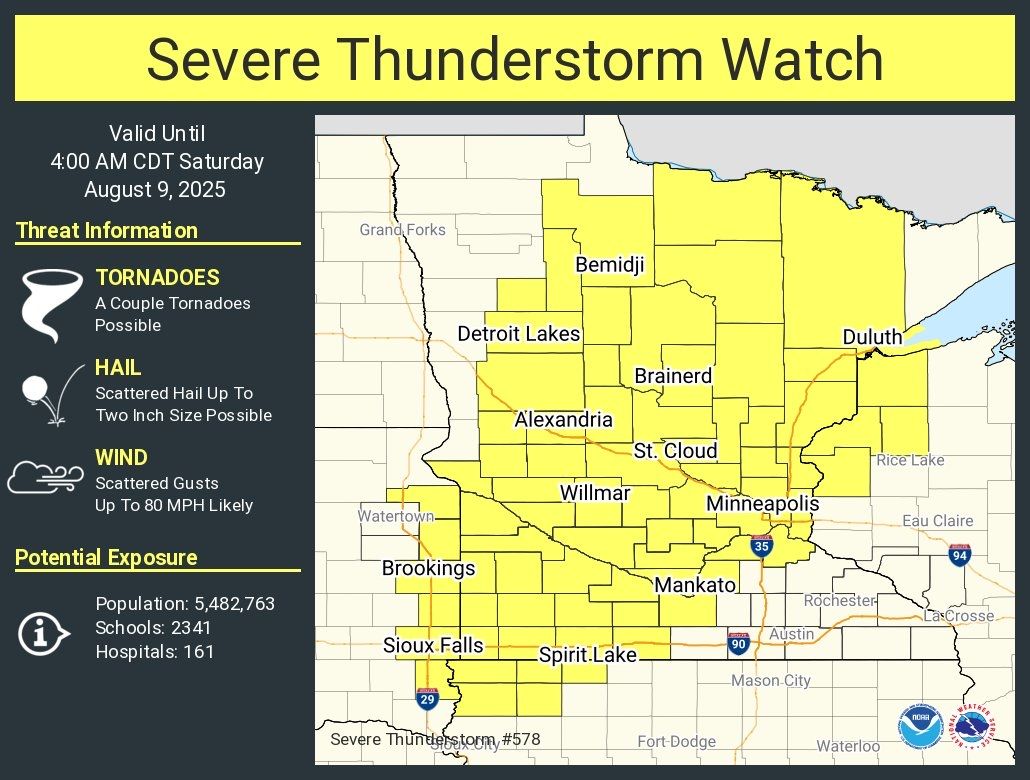 WEATHER ALERT: A Severe Thunderstorm Watch has been issued for McLeod County until 4am.