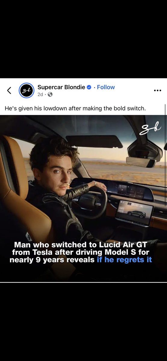 “Man who switched to $LCID Air GT from $TSLA after driving model S for nearly 9 years reveals if he regrets it” 

Supercar Blondie with 62 million followers on Facebook knows how to make a joke! 🥂