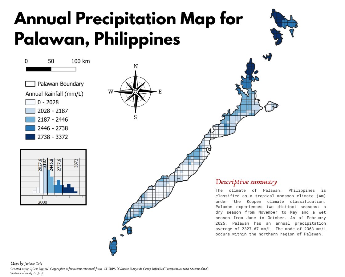 jekoranium's tweet photo. Palawan has a tropical monsoon climate under the Köppen classification. The mode of 2363 mm/L appears to be concentrated in its northern regions. The orographic effect plays a critical variable in rainfall distribution as moist air is lifted in elevated terrain.
#RainfallMap https://t.co/Xx7EOUP5wJ