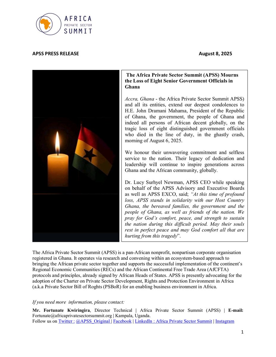 We are deeply pained by the loss of patriots in the recent crash in Ghana. Our condolences are with our brothers and sisters in Ghana as the nation mourn this great loss.

#GhanaMourns <a href="/APSS_original/">Africa Private Sector Summit (APSS)</a> <a href="/officialPACCI/">PACCI-Pan African Chamber of Commerce and Industry</a> <a href="/APN_Secretariat/">Africa Prosperity Network</a> <a href="/AfCFTA/">AfCFTA Secretariat Official</a> #AfriTT