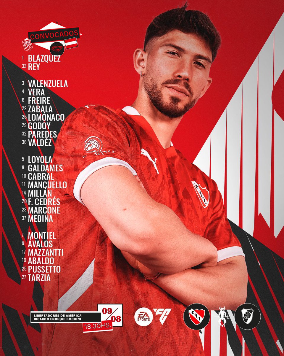 ⚽️ Independiente 🆚 River Plate
⌚️ 18:30
🖥️ TNT Sports
🏆 Torneo Clausura
🗓️ Fecha 4
🏟 Libertadores de América - Bochini
⚖️  Nazareno Arasa
🏳️ 1 Miguel Savorani
🏳️ 2 Diego Bonfá
🔎 4 Juan Nebietti
🖥 VAR: Jorge Baliño
🕹️ AVAR: Javier Uziga