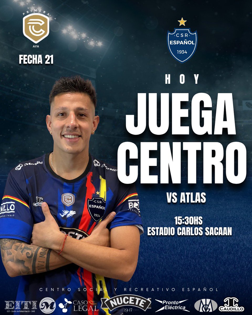 ¡ HOY JUEGA CENTRO ! 🔵⚪️

🆚 Atlas
🕣 15:30
🏟️ Estadio Carlos Sacaan  
👤 Agustín Panizza 

#VamosCentro #CentroEspañol #PrimeraC