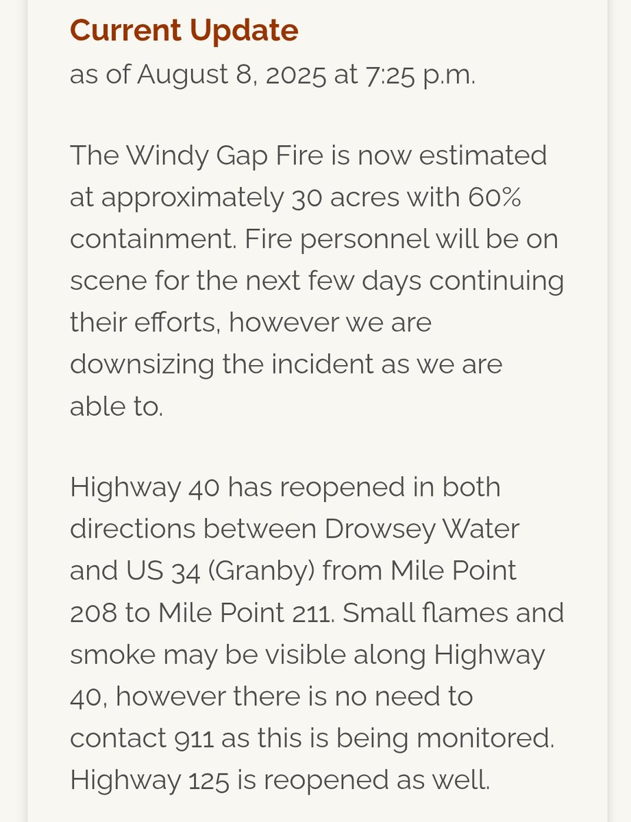 #WindyGapFire update. Still at 30 acres but now 60% contained. Highway 34 &amp; 125 back open per <a href="/GrandCountyOEM/">Grand County Office of Emergency Management</a>