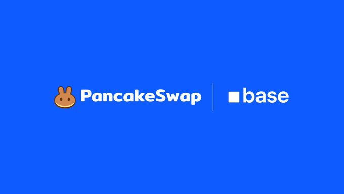 شعارات PancakeSwap وBase على خلفية زرقاء