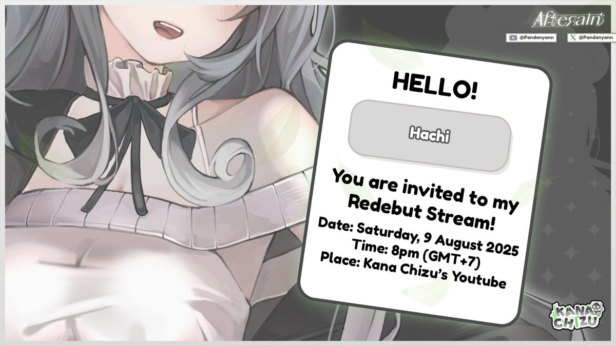 真福 (Hachi) (@zenfouu) on Twitter photo Thank you for the invitation <a href="/Pandanyann/">Nana🍃🐼 【AfteRain】𝗥𝗲𝗱𝗲𝗯𝘂𝘁 𝟬𝟵/𝟬𝟴/𝟮𝟱</a> , she will Redebut at:
📅 Date & Time
August 9, 2025 8:00 PM WIB / GMT +7
💻 Waiting Room
youtube.com/live/shLSmCvxF…
🎁Gifts & Greetings
forms.gle/XpF7gJEdDmHUFw…
Make sure you all come to her debut!! Thank you for the invitation <a href="/Pandanyann/">Nana🍃🐼 【AfteRain】𝗥𝗲𝗱𝗲𝗯𝘂𝘁 𝟬𝟵/𝟬𝟴/𝟮𝟱</a> , she will Redebut at:
📅 Date & Time
August 9, 2025 8:00 PM WIB / GMT +7
💻 Waiting Room
youtube.com/live/shLSmCvxF…
🎁Gifts & Greetings
forms.gle/XpF7gJEdDmHUFw…
Make sure you all come to her debut!!