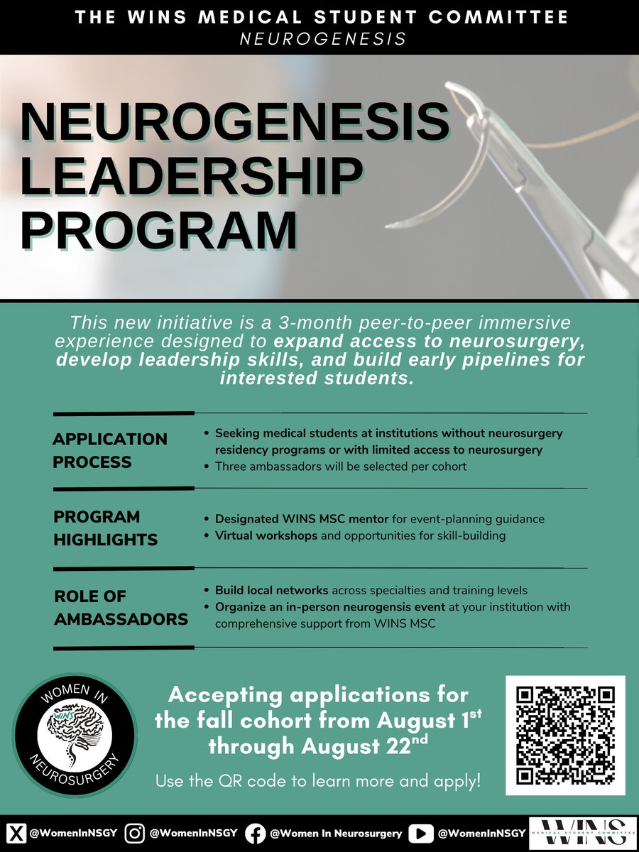 Calling all med/premed students passionate about #neurosurgery and #leadership
The WINS Neurogenesis Leadership Program is now accepting applications for the Fall 2025 cohort. Build local networks, lead events at your school, and get mentorship from WINS MSC! #WomenInNeurosurgery