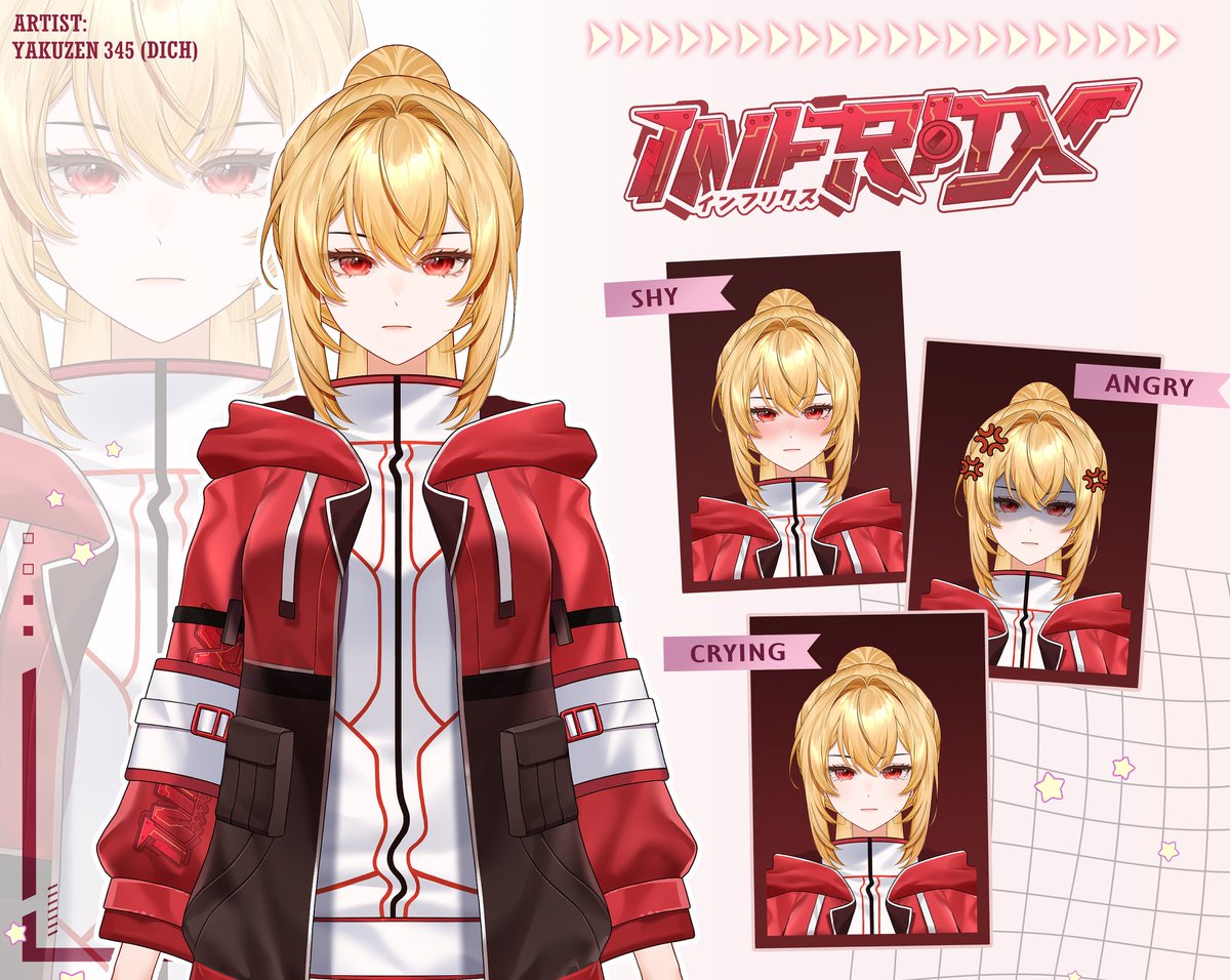 Yakuzen345's tweet image. I put more effort into designing the showcase for the model I drew! Commissioned by Infritx 🔥 thank you very much  (⁠≧⁠▽⁠≦⁠)
#vtubermodel #Live2DModel #VGenComm #commissionart