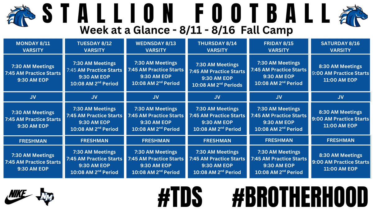 Upcoming Week at a Glance! Freshmen had a great week 1! Can’t wait to get our Varsity and JV rolling on Monday! #TDS #Brotherhood