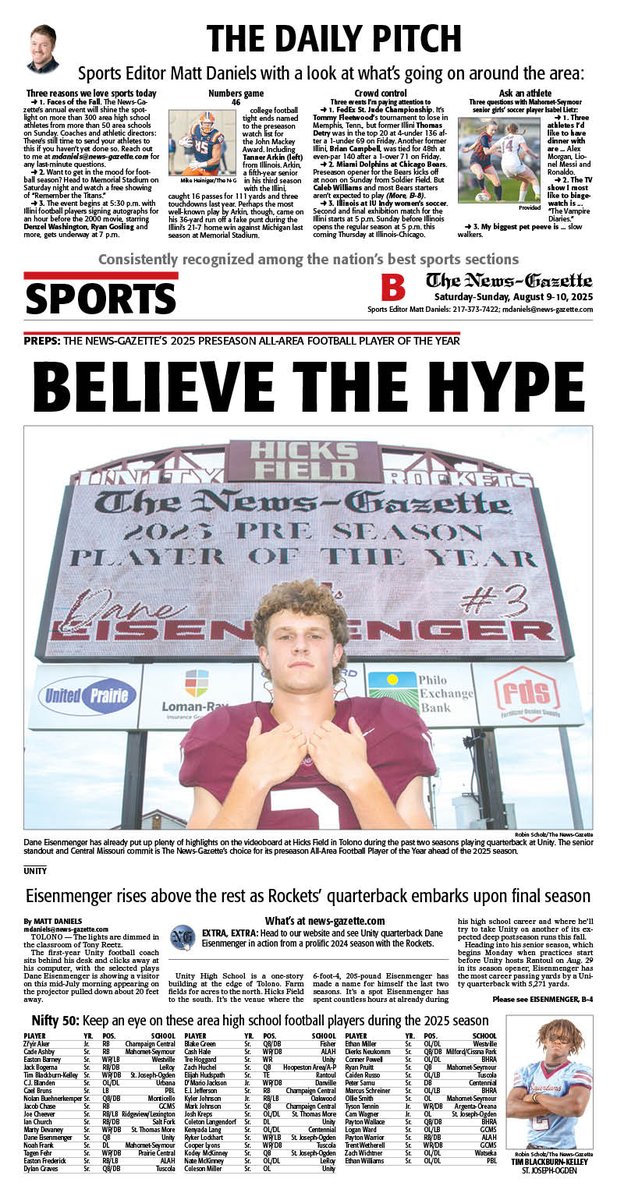 News-Gazette Preps (@ngpreps) on Twitter photo Saturday's N-G sports cover features <a href="/mdaniels_NG/">Matt Daniels</a> on <a href="/UnityRockets/">Unity Rockets</a> quarterback Dane Eisenmenger, plus our sports editor's latest version of the Daily Pitch.
<a href="/APSE_sportmedia/">APSE</a>
<a href="/ngphotostaff/">News-Gazette Photo</a> Saturday's N-G sports cover features <a href="/mdaniels_NG/">Matt Daniels</a> on <a href="/UnityRockets/">Unity Rockets</a> quarterback Dane Eisenmenger, plus our sports editor's latest version of the Daily Pitch.
<a href="/APSE_sportmedia/">APSE</a>
<a href="/ngphotostaff/">News-Gazette Photo</a>