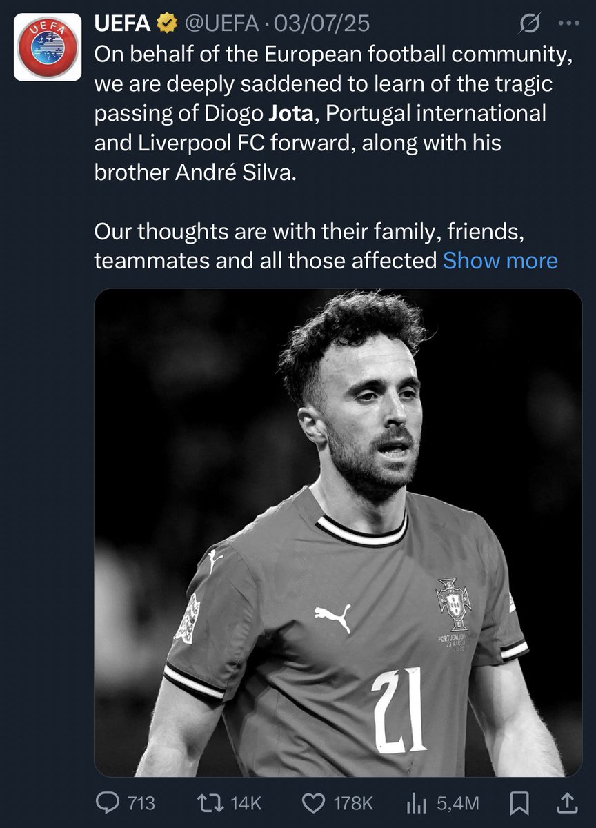 kun6manuk's tweet photo. Not to compare one tragedy with another, but when it’s Jota it’s ‘deeply saddened’ and ‘thougths and prayer’, but for a man who were murdered by the Israelis it was just ‘farewell’. https://t.co/PNMEzvUK4T