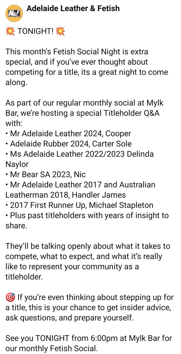 If you're thinking about competing for an Adelaide Title in 2025 or you have questions you'd like answered, tonight's the night!