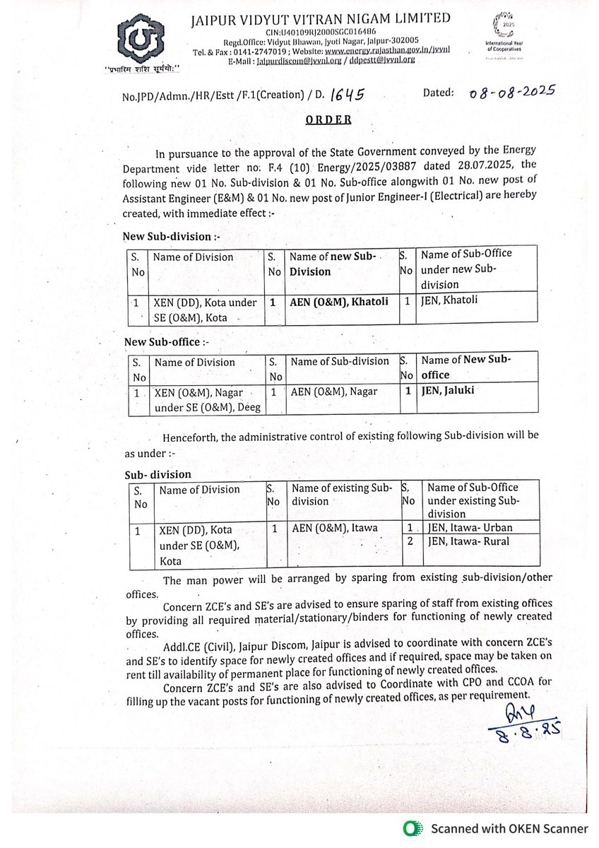 बेहतर उपभोक्ता सेवा के लिये राज्य सरकार की स्वीकृति के बाद #JVVNL के #कोटा सर्किल मे एक नया AEN उपखण्ड कार्यालय खतोली तथा #डीग सर्किल के नगर उपखण्ड मे एक नया JEN उपकार्यालय जलुकी खोलने के आदेश जारी हुए हैं
इस प्रकार एक AEN एवं एक JEN का नया पद स्वीकृत हुआ है।
<a href="/RajCMO/">CMO Rajasthan</a> 
<a href="/artizzzz/">Arti Dogra</a>