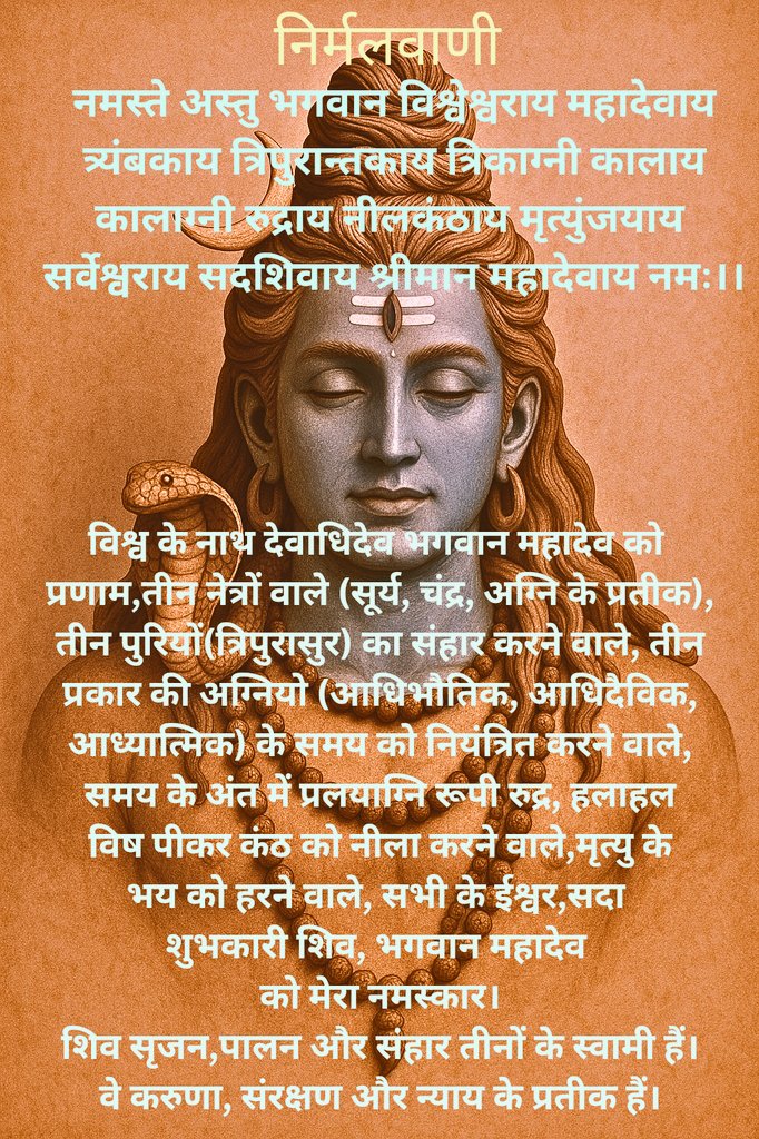 pandey amit (@jupiteramit) on Twitter photo рдирдорд╕реНрддреЗ рдЕрд╕реНрддреБ рднрдЧрд╡рд╛рди рд╡рд┐рд╢реНрд╡реЗрд╢реНрд╡рд░рд╛рдп рдорд╣рд╛рджреЗрд╡рд╛рдп рддреНрд░реНрдпрдВрдмрдХрд╛рдп рддреНрд░рд┐рдкреБрд░рд╛рдиреНрддрдХрд╛рдп рддреНрд░рд┐рдХрд╛рдЧреНрдиреА рдХрд╛рд▓рд╛рдп рдХрд╛рд▓рд╛рдЧреНрдиреА рд░реБрджреНрд░рд╛рдп рдиреАрд▓рдХрдВрдард╛рдп рдореГрддреНрдпреБрдВрдЬрдпрд╛рдп рд╕рд░реНрд╡реЗрд╢реНрд╡рд░рд╛рдп рд╕рджрд╢рд┐рд╡рд╛рдп рд╢реНрд░реАрдорд╛рди рдорд╣рд╛рджреЗрд╡рд╛рдп рдирдордГредред
рд╡рд┐рд╢реНрд╡ рдХреЗ рдирд╛рде рджреЗрд╡рд╛рдзрд┐рджреЗрд╡ рднрдЧрд╡рд╛рди рдорд╣рд╛рджреЗрд╡ рдХреЛ рдкреНрд░рдгрд╛рдо, рддреАрди рдиреЗрддреНрд░реЛрдВ рд╡рд╛рд▓реЗ (рд╕реВрд░реНрдп, рдЪрдВрджреНрд░, рдЕрдЧреНрдирд┐ рдХреЗ рдкреНрд░рддреАрдХ), рддреАрди рдкреБрд░рд┐рдпреЛрдВ рдирдорд╕реНрддреЗ рдЕрд╕реНрддреБ рднрдЧрд╡рд╛рди рд╡рд┐рд╢реНрд╡реЗрд╢реНрд╡рд░рд╛рдп рдорд╣рд╛рджреЗрд╡рд╛рдп рддреНрд░реНрдпрдВрдмрдХрд╛рдп рддреНрд░рд┐рдкреБрд░рд╛рдиреНрддрдХрд╛рдп рддреНрд░рд┐рдХрд╛рдЧреНрдиреА рдХрд╛рд▓рд╛рдп рдХрд╛рд▓рд╛рдЧреНрдиреА рд░реБрджреНрд░рд╛рдп рдиреАрд▓рдХрдВрдард╛рдп рдореГрддреНрдпреБрдВрдЬрдпрд╛рдп рд╕рд░реНрд╡реЗрд╢реНрд╡рд░рд╛рдп рд╕рджрд╢рд┐рд╡рд╛рдп рд╢реНрд░реАрдорд╛рди рдорд╣рд╛рджреЗрд╡рд╛рдп рдирдордГредред
рд╡рд┐рд╢реНрд╡ рдХреЗ рдирд╛рде рджреЗрд╡рд╛рдзрд┐рджреЗрд╡ рднрдЧрд╡рд╛рди рдорд╣рд╛рджреЗрд╡ рдХреЛ рдкреНрд░рдгрд╛рдо, рддреАрди рдиреЗрддреНрд░реЛрдВ рд╡рд╛рд▓реЗ (рд╕реВрд░реНрдп, рдЪрдВрджреНрд░, рдЕрдЧреНрдирд┐ рдХреЗ рдкреНрд░рддреАрдХ), рддреАрди рдкреБрд░рд┐рдпреЛрдВ