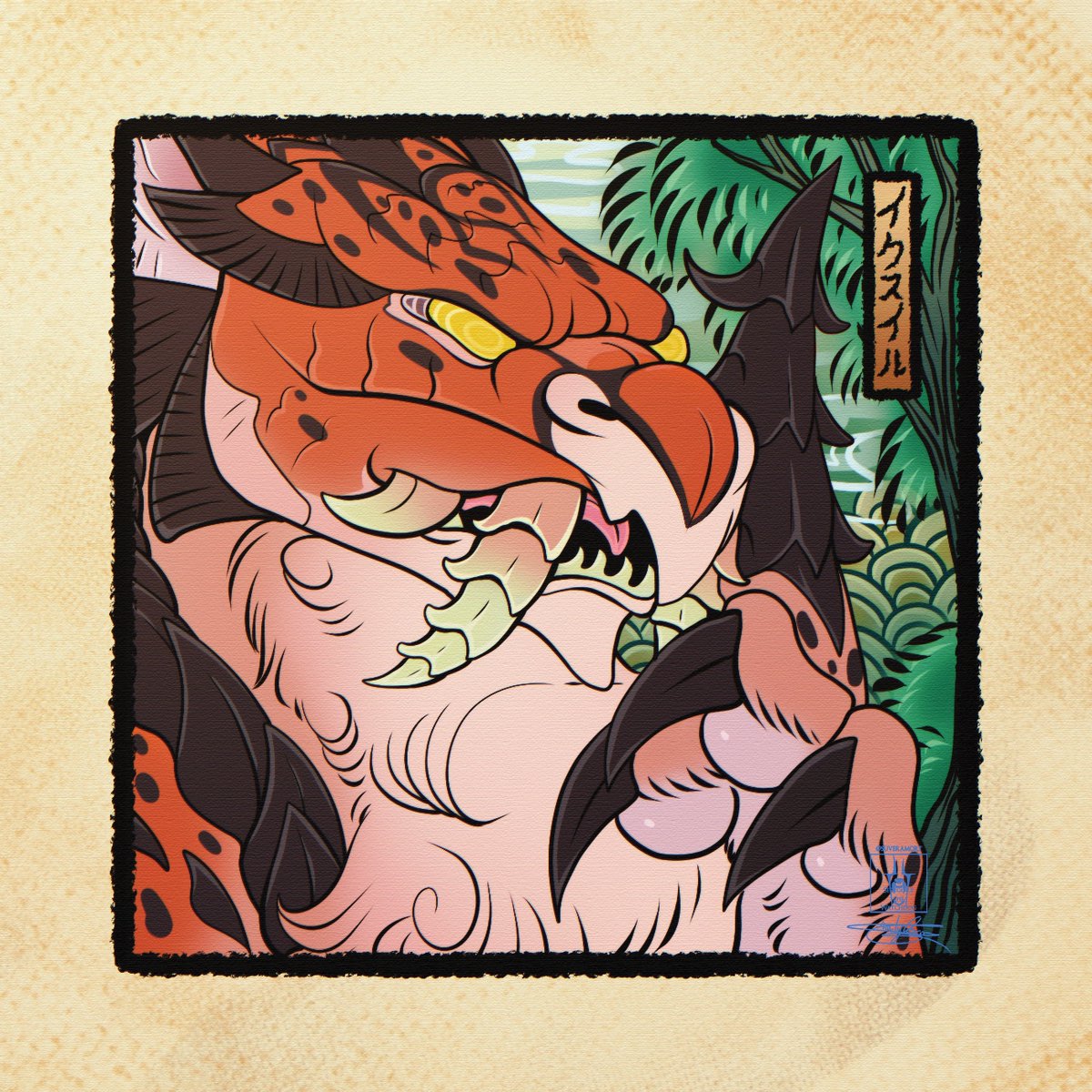 [Commission] Barioth OC done in Ukiyo-E Stylized icon ($30)
#barioth #monsterhunter #digitalart #illustration #fanart #commission