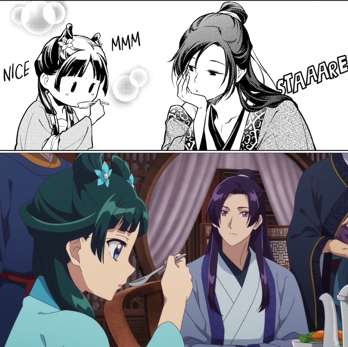 Jinshi: "Sit. Eat as much as you like."
Maomao: "You do the same, Jinshi-sama."
Jinshi smirked: "As long as you eat."

they are so so sweet 🥺