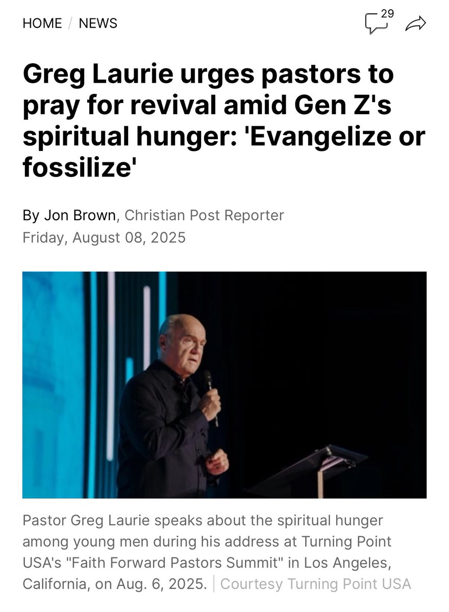 greglaurie's tweet photo. "There's a lot of encouraging things happening right now," he said. "There's been a dramatic shift in the culture toward the Gospel and toward Jesus Christ. In the past, elders and baby boomers tended to be the more committed Christians, but in the last two years that has changed, especially among young people and specifically among young men."
"Gen Z men are making a commitment to Christ," he said, presumably referencing a study that was part of Barna's State of the Church 2025 initiative, which found that commitment to Jesus has risen sharply among young men.”https://t.co/E0NFxQEBHP