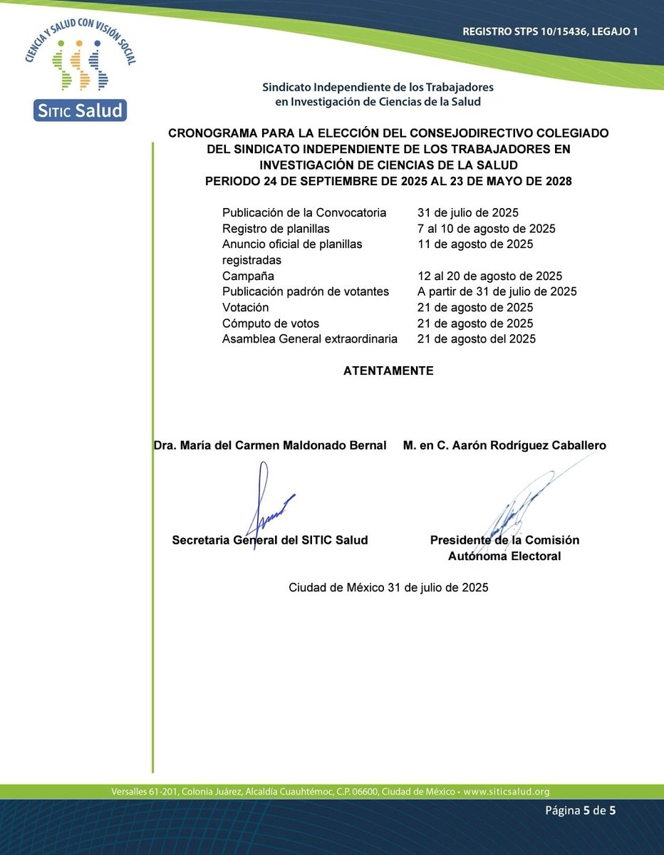 #SITICSSalud informa a sus afiliadas y afiliados la CONVOCATORIA PARA LA ELECCIÓN DEL CONSEJO DIRECTIVO COLEGIADO DEL SINDICATO INDEPENDIENTE DE LOS TRABAJADORES EN INVESTIGACIÓN DE CIENCIAS DE LA SALUD - SITIC Salud PERIODO DEL 25 DE SEPTIEMBRE DE 2025 AL 23 DE MAYO DE 2028
