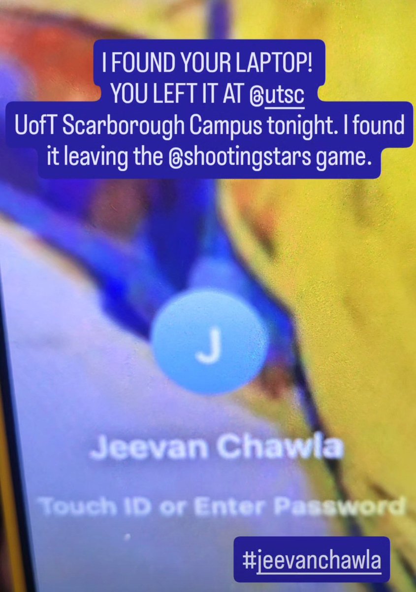 Dr. Jill Andrew, PhD (she/her) (@jillslastword) on Twitter photo Good evening <a href="/UTSC/">University of Toronto Scarborough</a> !
I found a laptop inside Sam Ibrahim bldg, and based on the intel I got from it, I believe it belongs to a Jeevan Chawla. We called the security # on your info board. They said they could not accept lost and found items. Please DM to help us find the ownerπ Good evening <a href="/UTSC/">University of Toronto Scarborough</a> !
I found a laptop inside Sam Ibrahim bldg, and based on the intel I got from it, I believe it belongs to a Jeevan Chawla. We called the security # on your info board. They said they could not accept lost and found items. Please DM to help us find the ownerπ