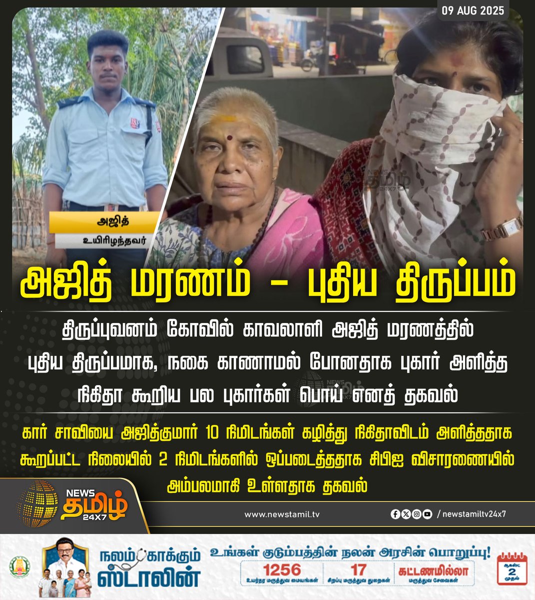 #NewsUpdate | அஜித் மரணம் - புதிய திருப்பம்

திருப்புவனம் கோவில் காவலாளி அஜித் மரணத்தில் புதிய திருப்பமாக, நகை காணாமல் போனதாக புகார் அளித்த நிகிதா கூறிய பல புகார்கள் பொய் எனத் தகவல்

கார் சாவியை அஜித்குமார் 10 நிமிடங்கள் கழித்து நிகிதாவிடம் அளித்ததாக கூறப்பட்ட நிலையில் 2
