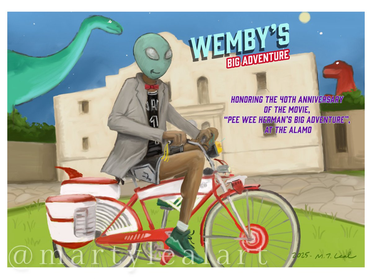 My  <a href="/wemby/">Wemby</a> + <a href="/OfficialAlamo/">The Alamo</a> 
✍🏼 sketch  inspired by PeeWee Herman's bike reveal at the Alamo on 8/9/25 👀!  
-
-🙃
#spursfanart #wemby 👽 #alamo