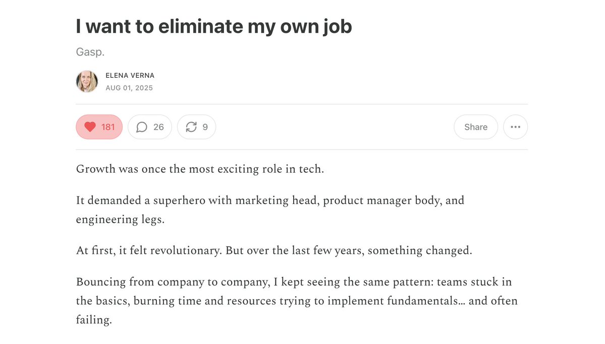 Kamil Ruczynski (@unable0_) on Twitter photo many growth folks are praising <a href="/ElenaVerna/">elena verna</a>’s piece about automating growth 101. they should. it’s timely and forward-thinking.
but here’s the part nobody’s saying: growth isn’t hard because the basics are hard. growth is hard because most growth leaders have zero actual power. many growth folks are praising <a href="/ElenaVerna/">elena verna</a>’s piece about automating growth 101. they should. it’s timely and forward-thinking.
but here’s the part nobody’s saying: growth isn’t hard because the basics are hard. growth is hard because most growth leaders have zero actual power.