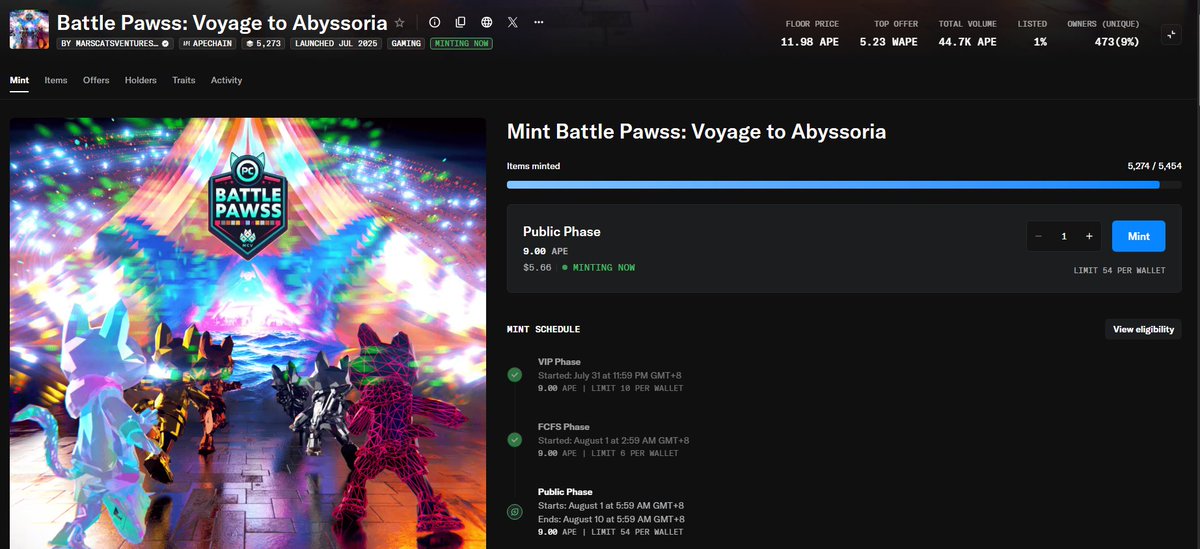 SO CLOSE!!!!

Full kudos and flowers to <a href="/ClassicsCrypto/">Jay B 😻🚀</a> <a href="/kanteltec/">Kanteltec.eth</a>, the <a href="/MarsCatsVoyage/">Mars Cats Voyage</a> team and <a href="/BattlePawss/">Battle Pawss</a> community!

The grind this week was huge! Welcome to <a href="/ApeChainHUB/">ApeChainHUB</a>  

Multiple mint parties - streams - competitions! 

Less than 200 to go - Max minting here!