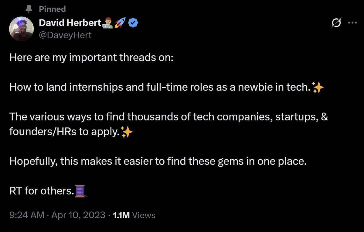 Osinachi (☁️,🧡) (@sin4ch) on Twitter photo By the way, the inspiration to do this comes from <a href="/DaveyHert/">David Herbert👨🏽💻🚀</a>'s pinned tweet.
Seeing this now, I realize that the thread was done in 2023. We're living in a completely different reality in 2025 due to AI. 😢
He literally said this is the "easiest" way to land an internship in By the way, the inspiration to do this comes from <a href="/DaveyHert/">David Herbert👨🏽💻🚀</a>'s pinned tweet.
Seeing this now, I realize that the thread was done in 2023. We're living in a completely different reality in 2025 due to AI. 😢
He literally said this is the "easiest" way to land an internship in
