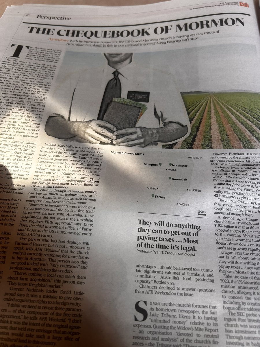 Jeff4theclimate's tweet photo. Under a little known #nationalparty deal signed off in 2004 The giant trillion dollar US #Morman corporation are buying up prime Australian farmland and replacing Australian farm workers with retired gullible morman farmers and farmhands who work for free! https://t.co/BK4CsFdWaa