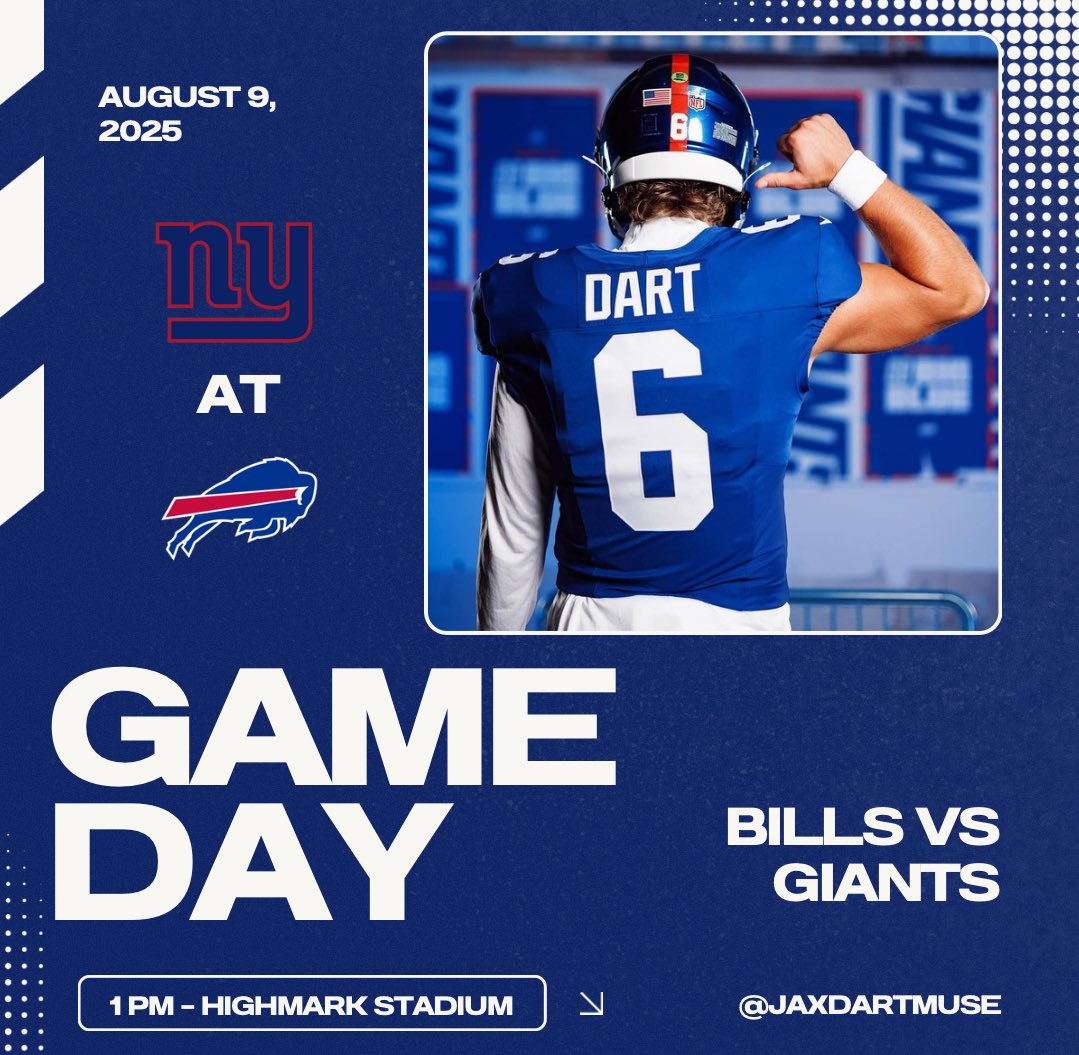 Jaxson Dart Muse (@jaxdartmuse) on Twitter photo IT’S GAMEDAY! 🔥
Jaxson Dart makes his NFL debut today vs. the Bills.
Stat prediction? 👇
#NYGiants | <a href="/JaxsonDart/">Jaxson Dart</a> IT’S GAMEDAY! 🔥
Jaxson Dart makes his NFL debut today vs. the Bills.
Stat prediction? 👇
#NYGiants | <a href="/JaxsonDart/">Jaxson Dart</a>