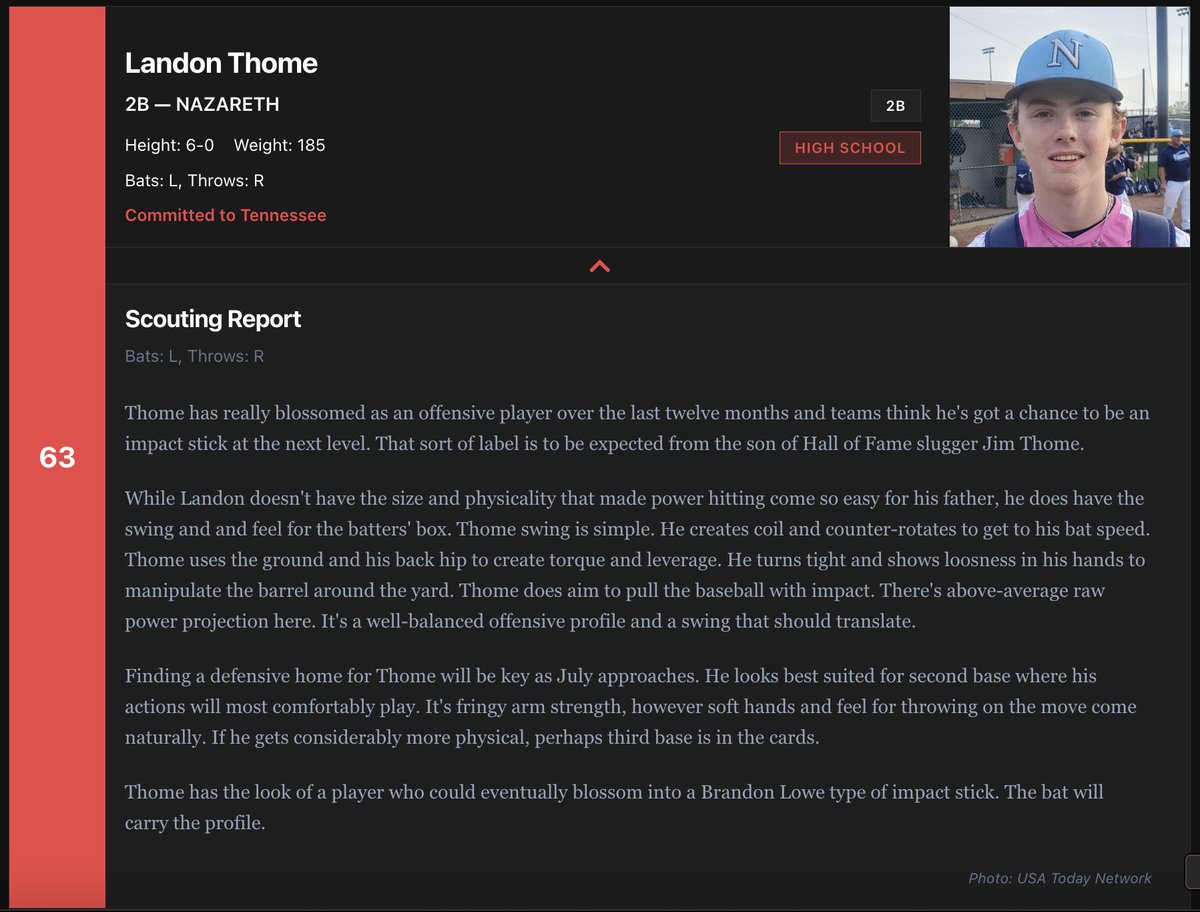 Landon Thome (<a href="/landonthome25/">Landon Thome</a>) has been as polished a hitter as you can find at <a href="/ACBaseballGames/">Area Code Baseball</a>. The impact and feel for getting to his pull-side is super advanced.

Thome ranked No. 63 on my initial board, but he's moving up soon. #GBO #Vols

FULL BOARD: overslotbaseball.com/rankings/2026-…