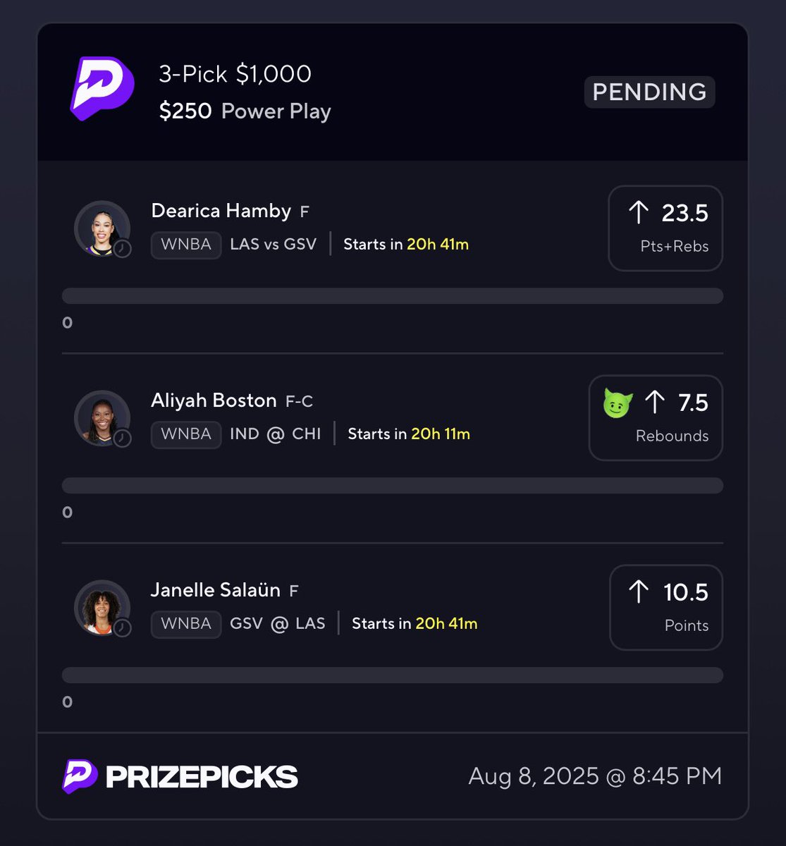 PrizePicks WNBA Slip 🏀

100 likes for the 10x slip 

$100 to someone who like / rt ❤️

More plays ➡️ dubclub.win/checkout/25526…