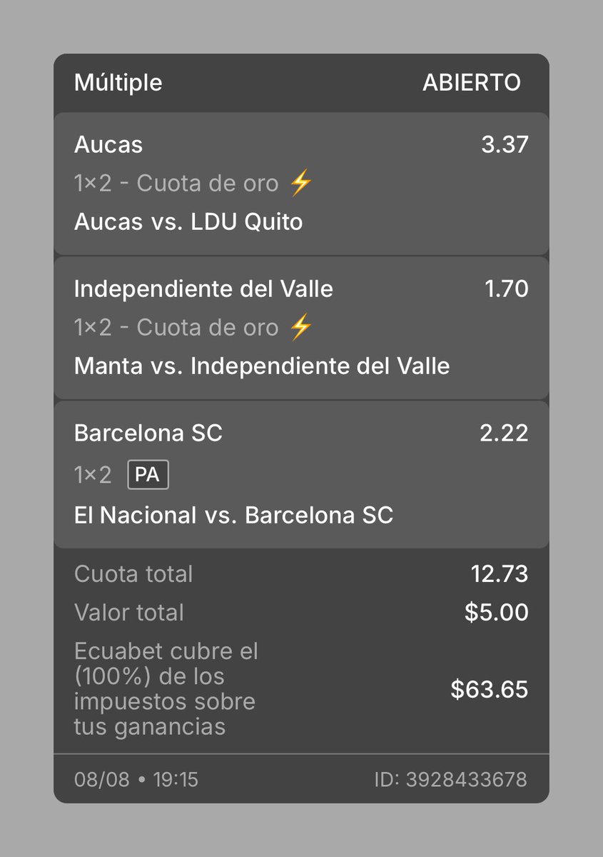 Todo listoooooo para este finde! Está es mi combinada de la #LigaEcuabet en <a href="/EcuabetOficial/">Ecuabet</a> 

$5 para $63 🙌😱

¿Uds que dicen Aucas sorprende a Liga? 

Juega aquí 👉 ecuabet.com