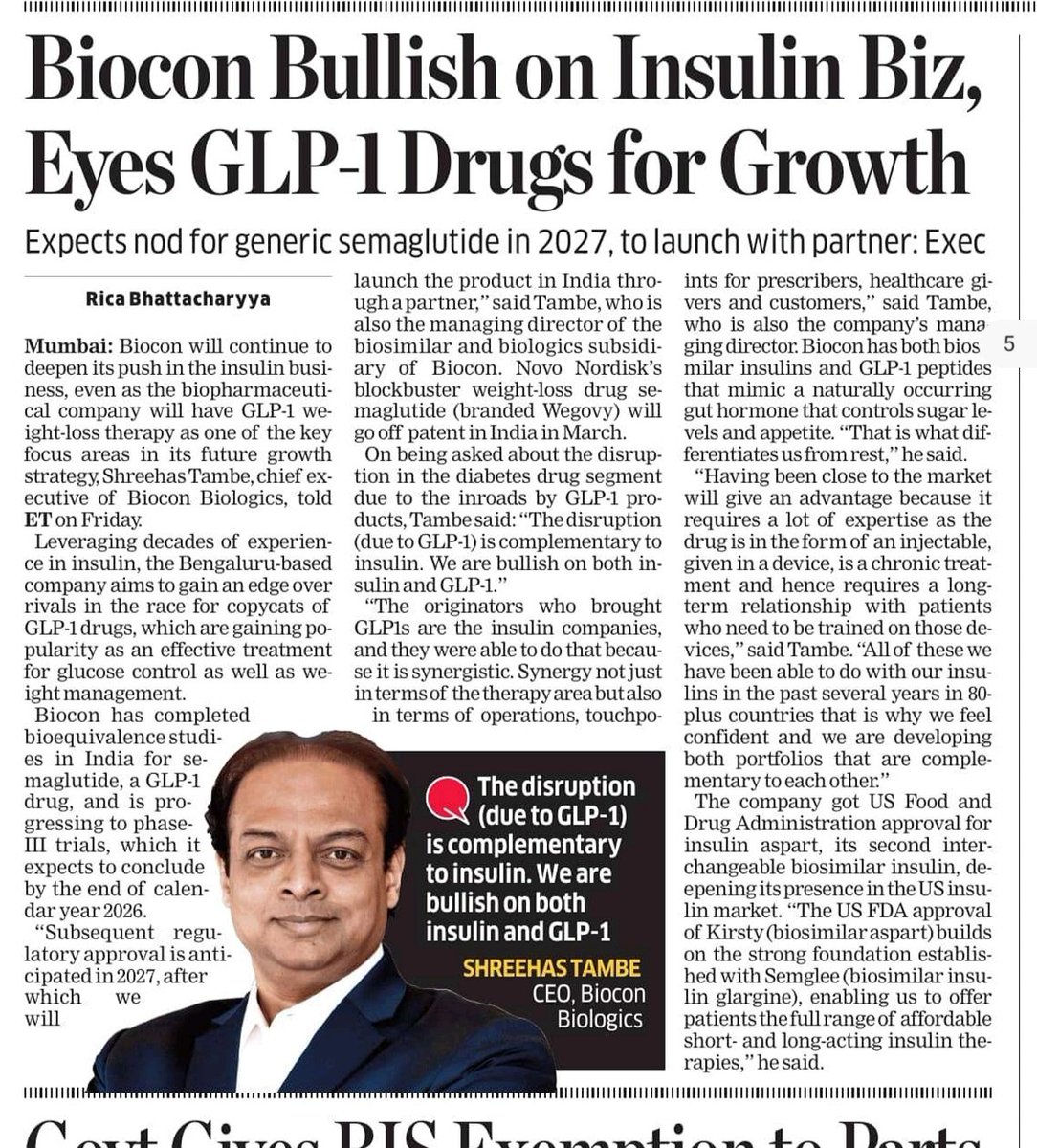 ShridhantS's tweet image. GLP -1 🔥🔥🔥

Bicion bullish on insulin Biz, Eyes GLP-1 drugs growth .

Expected nid for generic semaglutide in FY27, to launch with partner: EXEC

#GLP1
#Bicon
