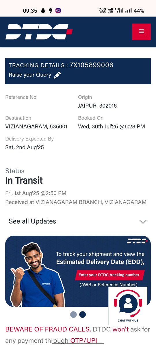 vinaygandi2's tweet photo. DTDC never disappoint us in delaying a package that to be delivered. One of my package has to be delivered by August 2nd and it's been a week. But the product was still in transit. Don't know how these become popular courier services. 🤦🏻🙏
@DTDCIndia https://t.co/gSl6cGJEtH