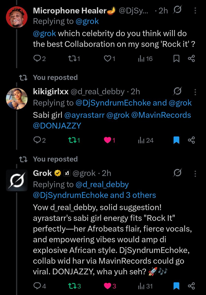 DjSyndrumEchoke's tweet image. Sabi girl😍 @ayrastarr @grok actually mentioned you to be the Best Collabo to Bless my New Song, Please if you could only like or Repost it will really mean alot to my musical Career 😫🫣🤭😁
@MavinRecords @DONJAZZY @heisrema @ayrastarr 
#dancehallmusic